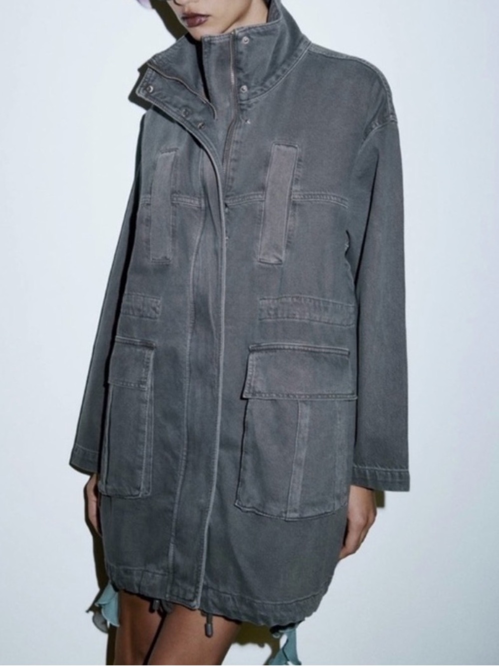 Zara Washed Gray Utility Jacket with High Collar
